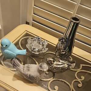 Silver and Blue Bird Figurine Set